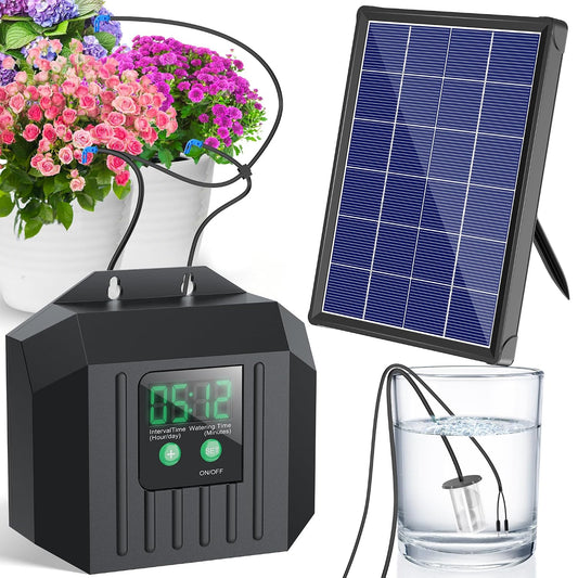 4W Solar Powered Automatic Drip Irrigation Kit with LCD Timer, Customizable Watering Duration 1–30min & Interval 3h–7d, Solar Irrigation System for 15 Potted Plants, Garden, Patio, Vacation