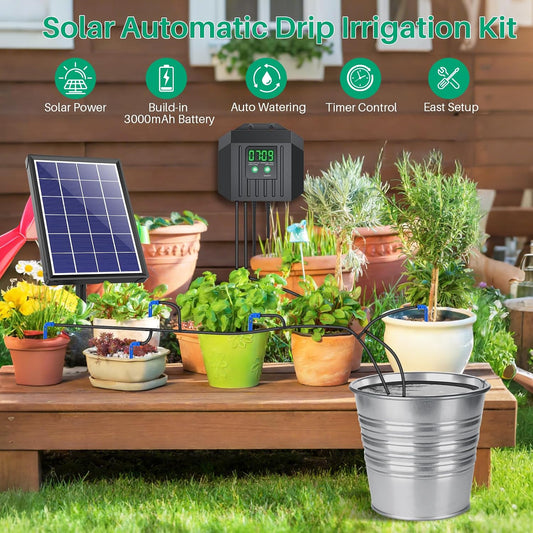 4W Solar Powered Automatic Drip Irrigation Kit with LCD Timer, Customizable Watering Duration 1–30min & Interval 3h–7d, Solar Irrigation System for 15 Potted Plants, Garden, Patio, Vacation