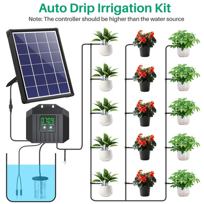 4W Solar Powered Automatic Drip Irrigation Kit with LCD Timer, Customizable Watering Duration 1–30min & Interval 3h–7d, Solar Irrigation System for 15 Potted Plants, Garden, Patio, Vacation