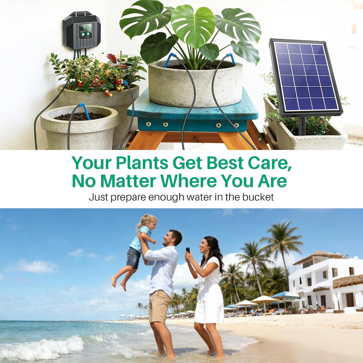 4W Solar Powered Automatic Drip Irrigation Kit with LCD Timer, Customizable Watering Duration 1–30min & Interval 3h–7d, Solar Irrigation System for 15 Potted Plants, Garden, Patio, Vacation