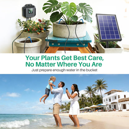4W Solar Powered Automatic Drip Irrigation Kit with LCD Timer, Customizable Watering Duration 1–30min & Interval 3h–7d, Solar Irrigation System for 15 Potted Plants, Garden, Patio, Vacation