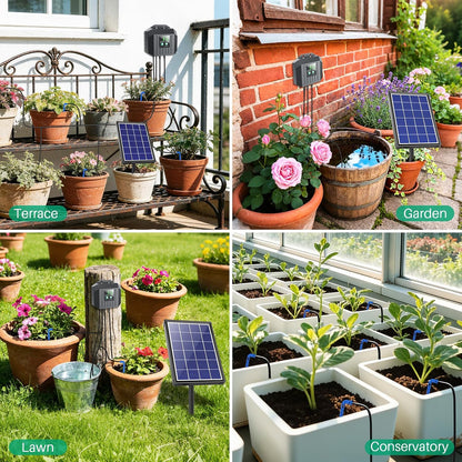 4W Solar Powered Automatic Drip Irrigation Kit with LCD Timer, Customizable Watering Duration 1–30min & Interval 3h–7d, Solar Irrigation System for 15 Potted Plants, Garden, Patio, Vacation