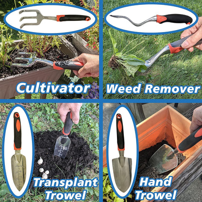 SciencePurchase Set of 4 Gardening Tool Set - Transplant Trowel, Hand Cultivator Rake, Hand Trowel, and Weed Remover - Sturdy Tools with Rubberized Grip Handles