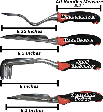 SciencePurchase Set of 4 Gardening Tool Set - Transplant Trowel, Hand Cultivator Rake, Hand Trowel, and Weed Remover - Sturdy Tools with Rubberized Grip Handles