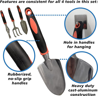 SciencePurchase Set of 4 Gardening Tool Set - Transplant Trowel, Hand Cultivator Rake, Hand Trowel, and Weed Remover - Sturdy Tools with Rubberized Grip Handles