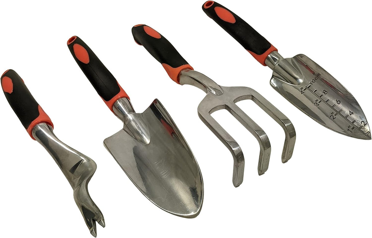SciencePurchase Set of 4 Gardening Tool Set - Transplant Trowel, Hand Cultivator Rake, Hand Trowel, and Weed Remover - Sturdy Tools with Rubberized Grip Handles