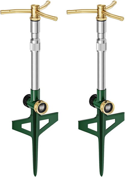 2 Pack Metal Lawn Sprinklers with Adjustable Telescoping Base, 3-Arm Water Sprinkler 360 Degree Rotation High-Rise Sprinkler for Large Area Coverage, Garden Watering Irrigation Sprinkler System