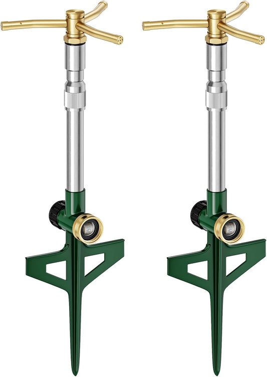 2 Pack Metal Lawn Sprinklers with Adjustable Telescoping Base, 3-Arm Water Sprinkler 360 Degree Rotation High-Rise Sprinkler for Large Area Coverage, Garden Watering Irrigation Sprinkler System