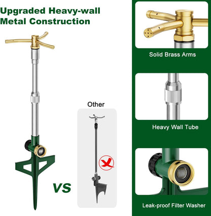 2 Pack Metal Lawn Sprinklers with Adjustable Telescoping Base, 3-Arm Water Sprinkler 360 Degree Rotation High-Rise Sprinkler for Large Area Coverage, Garden Watering Irrigation Sprinkler System
