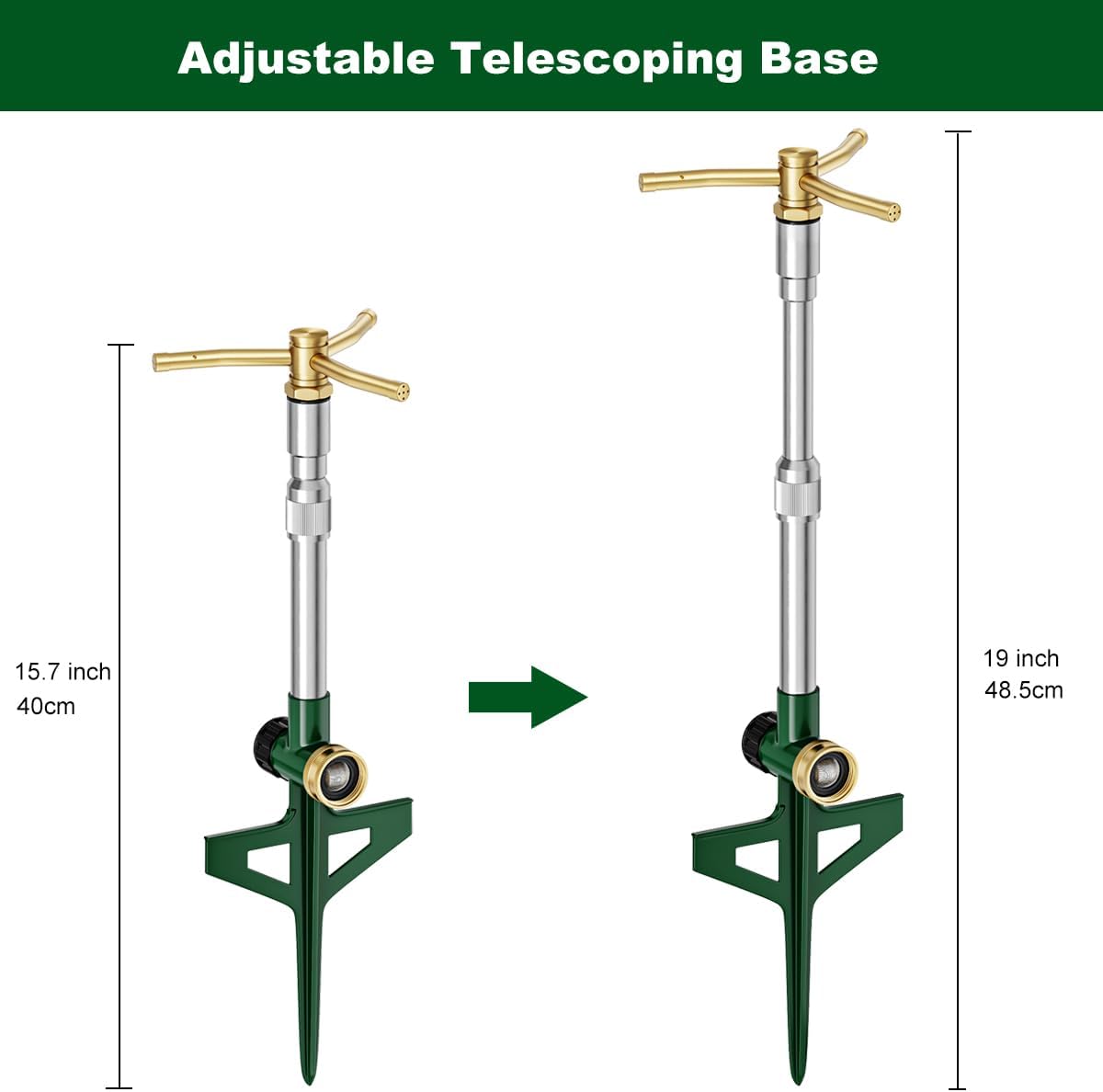 2 Pack Metal Lawn Sprinklers with Adjustable Telescoping Base, 3-Arm Water Sprinkler 360 Degree Rotation High-Rise Sprinkler for Large Area Coverage, Garden Watering Irrigation Sprinkler System