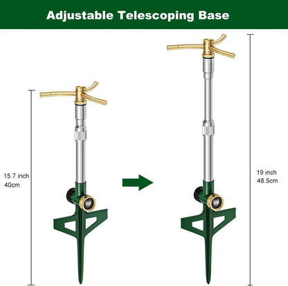 2 Pack Metal Lawn Sprinklers with Adjustable Telescoping Base, 3-Arm Water Sprinkler 360 Degree Rotation High-Rise Sprinkler for Large Area Coverage, Garden Watering Irrigation Sprinkler System