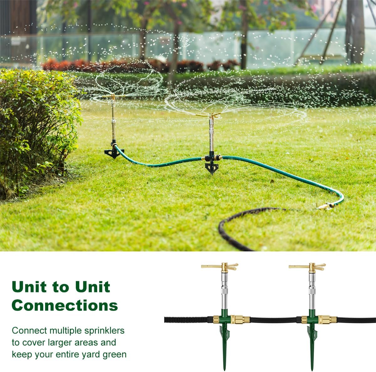 2 Pack Metal Lawn Sprinklers with Adjustable Telescoping Base, 3-Arm Water Sprinkler 360 Degree Rotation High-Rise Sprinkler for Large Area Coverage, Garden Watering Irrigation Sprinkler System