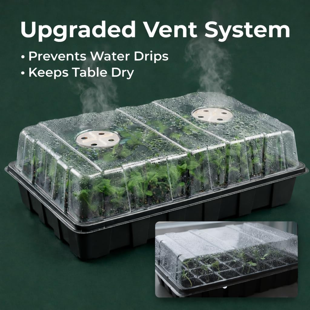 5-Set Seed Starter Tray Kits, Durable Plant Germination Trays with Humidity Vented Domes and Bases, Ideal for Seed Starting, Indoor Gardening, and Greenhouse (Total 200 Cells)