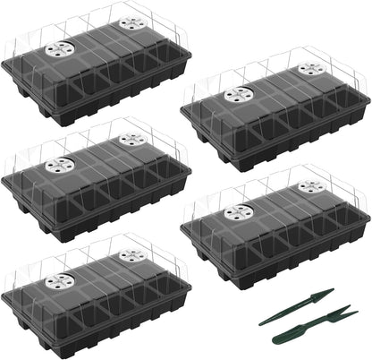 5-Set Seed Starter Tray Kits, Durable Plant Germination Trays with Humidity Vented Domes and Bases, Ideal for Seed Starting, Indoor Gardening, and Greenhouse (Total 200 Cells)