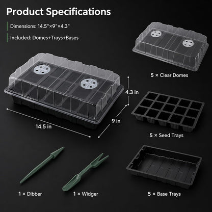 5-Set Seed Starter Tray Kits, Durable Plant Germination Trays with Humidity Vented Domes and Bases, Ideal for Seed Starting, Indoor Gardening, and Greenhouse (Total 200 Cells)