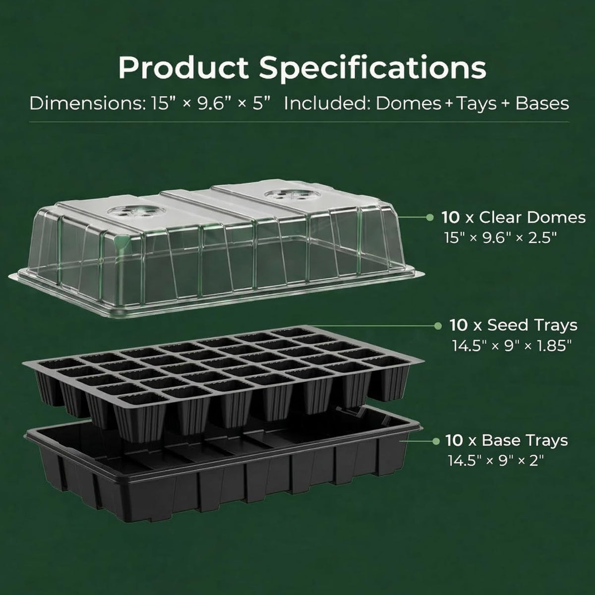 5-Set Seed Starter Tray Kits, Durable Plant Germination Trays with Humidity Vented Domes and Bases, Ideal for Seed Starting, Indoor Gardening, and Greenhouse (Total 200 Cells)