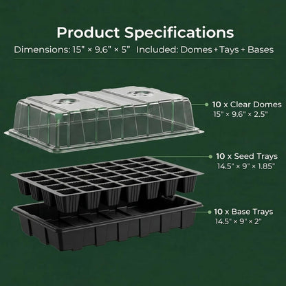 5-Set Seed Starter Tray Kits, Durable Plant Germination Trays with Humidity Vented Domes and Bases, Ideal for Seed Starting, Indoor Gardening, and Greenhouse (Total 200 Cells)