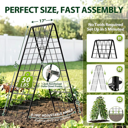 Heavy Duty 2 Pack 50"x17" Adjustable A-Frame Trellis for Climbing Plants Outdoor, Metal Rust-Proof Garden Trellis, Dense Grid Climbing Frame Trellis for Raised Beds, Cucumber, Tomatoes Outdoor