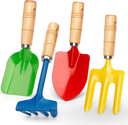 Metal Garden Tool Set with Scoop Leaf Rake Weed Fork Hoe Sand Toy for Women Teens Adults, Garden Gear Accessories Gift for Outdoor Digging Treasure Hunt(4PCS)