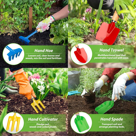 Metal Garden Tool Set with Scoop Leaf Rake Weed Fork Hoe Sand Toy for Women Teens Adults, Garden Gear Accessories Gift for Outdoor Digging Treasure Hunt(4PCS)