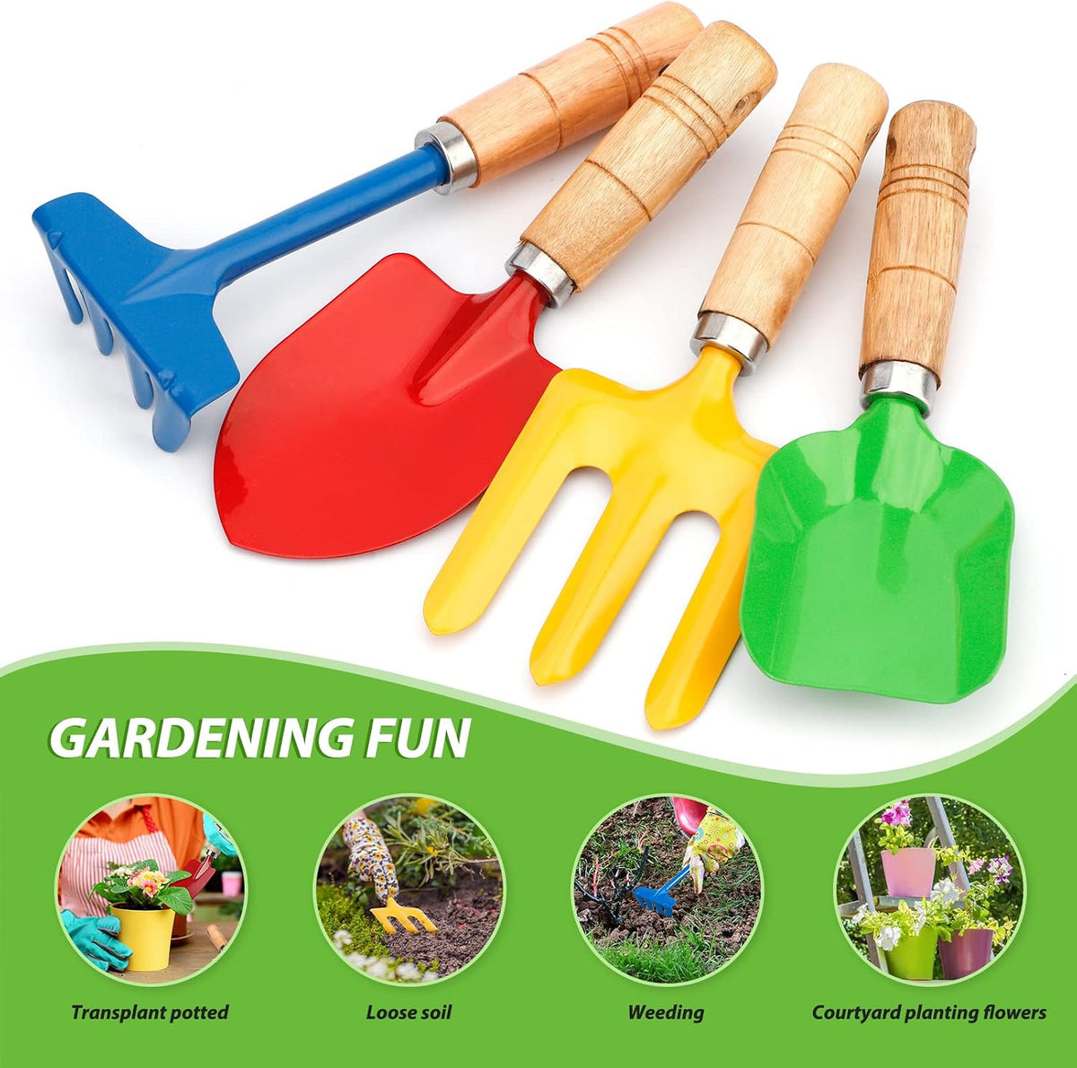 Metal Garden Tool Set with Scoop Leaf Rake Weed Fork Hoe Sand Toy for Women Teens Adults, Garden Gear Accessories Gift for Outdoor Digging Treasure Hunt(4PCS)
