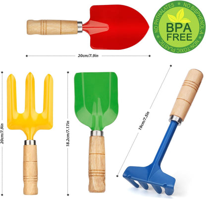 Metal Garden Tool Set with Scoop Leaf Rake Weed Fork Hoe Sand Toy for Women Teens Adults, Garden Gear Accessories Gift for Outdoor Digging Treasure Hunt(4PCS)
