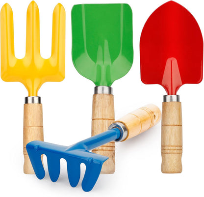 Metal Garden Tool Set with Scoop Leaf Rake Weed Fork Hoe Sand Toy for Women Teens Adults, Garden Gear Accessories Gift for Outdoor Digging Treasure Hunt(4PCS)
