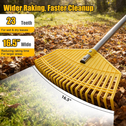 Leaf Rake,Unbreakable Nylon Graden Rake for Lawn,16.5” Wide,45” Long Handle,Yard Raking Tools for Turf Leaves Thatch Debris Pine Needle Cleanup, Lightweight for Kids Seniors,No Harm to Lawn Grass