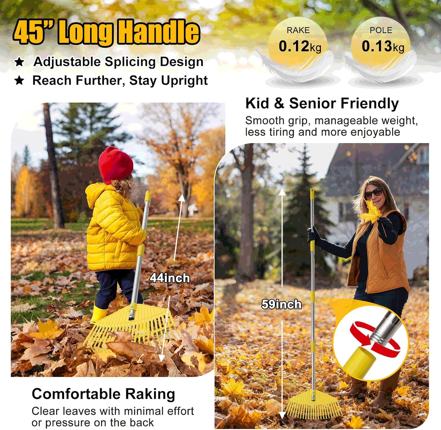 Leaf Rake,Unbreakable Nylon Graden Rake for Lawn,16.5” Wide,45” Long Handle,Yard Raking Tools for Turf Leaves Thatch Debris Pine Needle Cleanup, Lightweight for Kids Seniors,No Harm to Lawn Grass