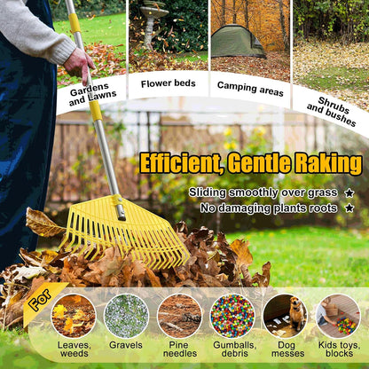 Leaf Rake,Unbreakable Nylon Graden Rake for Lawn,16.5” Wide,45” Long Handle,Yard Raking Tools for Turf Leaves Thatch Debris Pine Needle Cleanup, Lightweight for Kids Seniors,No Harm to Lawn Grass