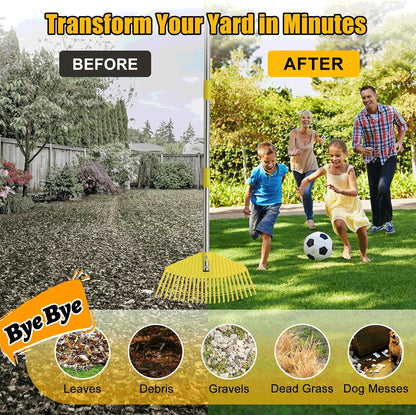 Leaf Rake,Unbreakable Nylon Graden Rake for Lawn,16.5” Wide,45” Long Handle,Yard Raking Tools for Turf Leaves Thatch Debris Pine Needle Cleanup, Lightweight for Kids Seniors,No Harm to Lawn Grass