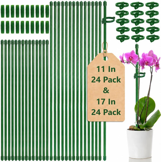 48 Pack Plant Support Stakes, 11 Inch&17 Inch Height Adjustable Garden Plant Stake Orchid Sticks with 48 Clips and 24 Links Potted Plant Support for Orchid, Amaryllis, Tomato, Indoor&Outdoor