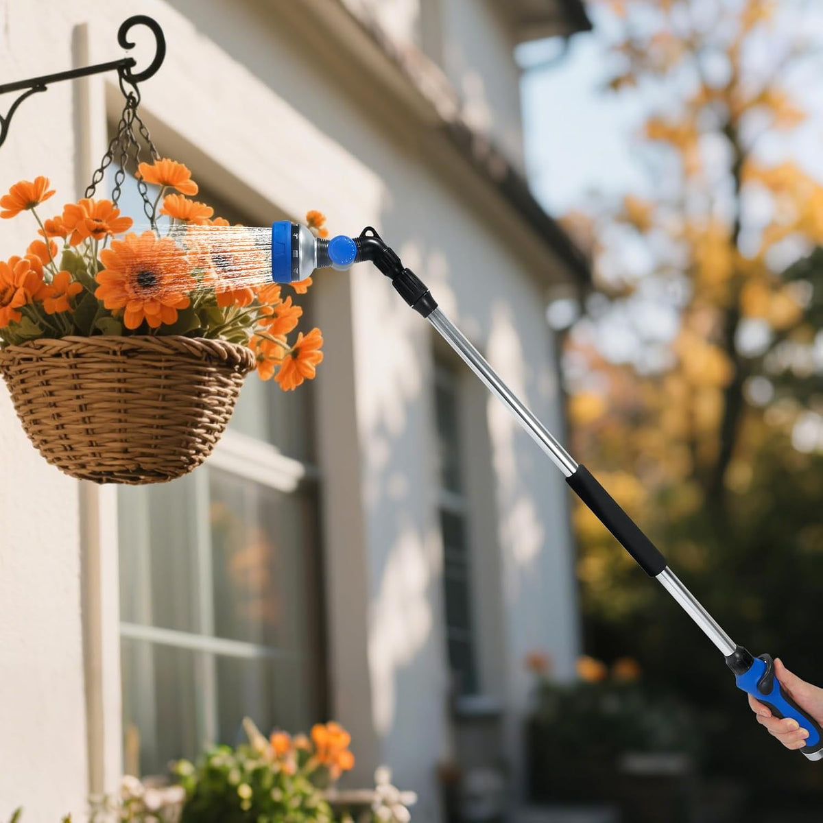 Telescoping Watering Wand for Garden Hose, 36”-54” Adjustable, 10 Spray Patterns, Heavy-Duty Hose Nozzle with Thumb Control & Pivoting Head, Ideal for Hanging Baskets and Shrubs, Blue