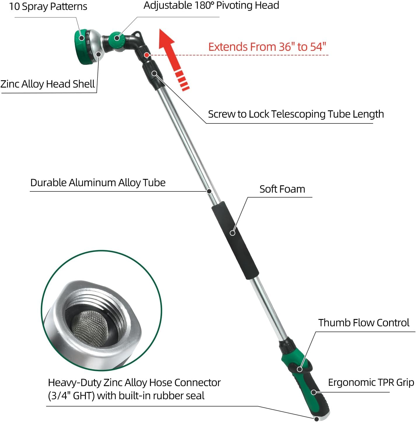 Telescoping Watering Wand for Garden Hose, 36”-54” Adjustable, 10 Spray Patterns, Heavy-Duty Hose Nozzle with Thumb Control & Pivoting Head, Ideal for Hanging Baskets and Shrubs, Blue