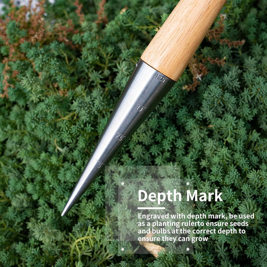 Garden Dibber Tool, Steel Seed Planter with Wood Handle