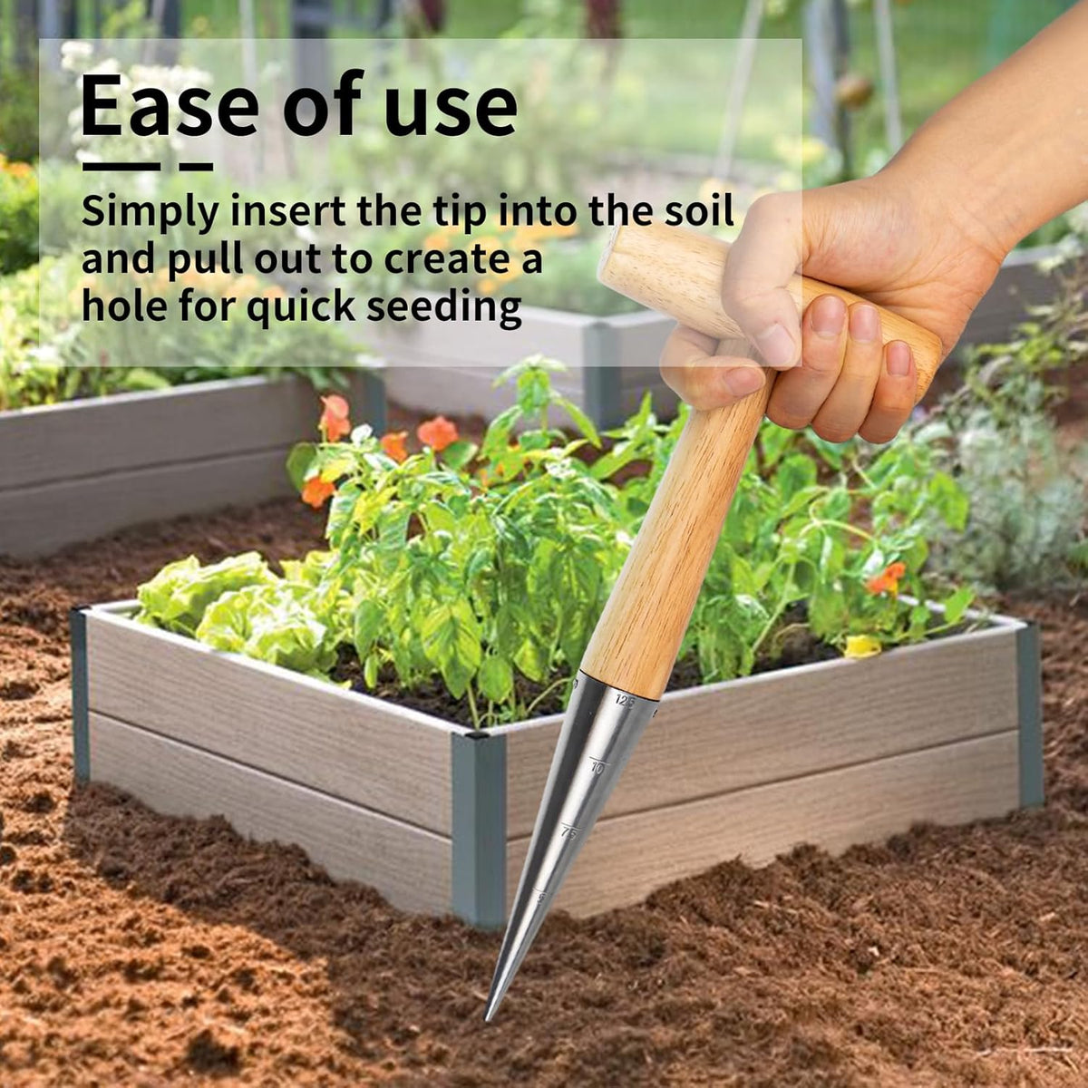 Garden Dibber Tool, Steel Seed Planter with Wood Handle