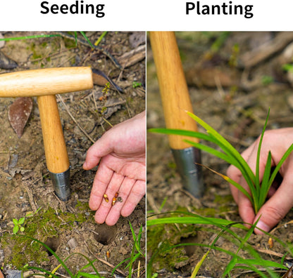 Garden Dibber Tool, Steel Seed Planter with Wood Handle