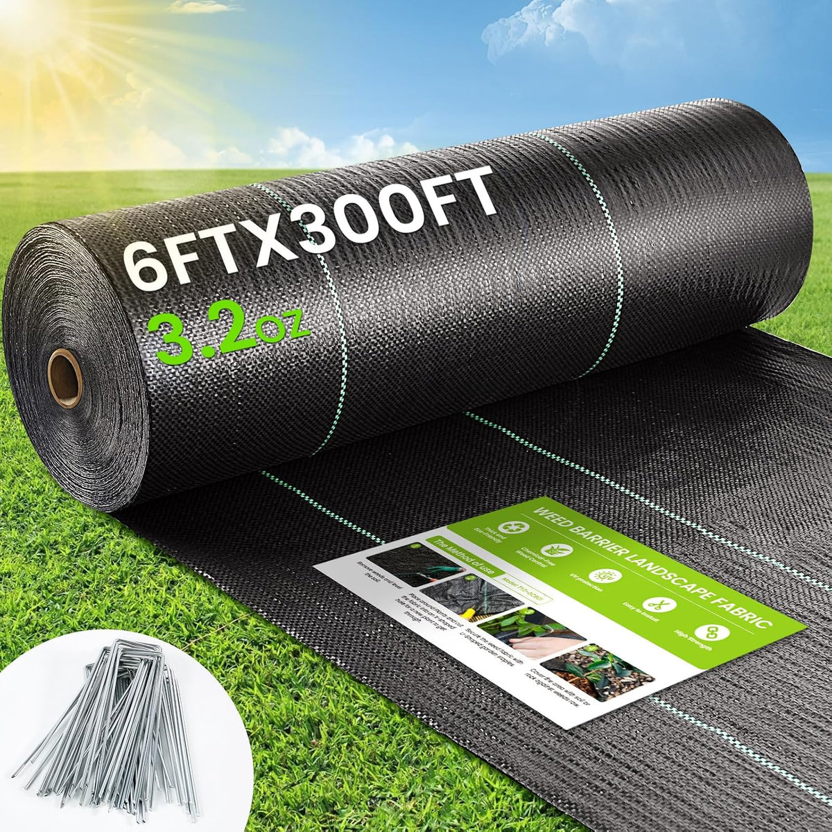 Weed Barrier Fabric, 6x300ft Landscape Fabric, 3.2oz Heavy Duty Durable Woven Geotextile Fabric, High Permeability Ground Cover Mat, Driveway Fabric, Garden Weed Control Cloth with 20 U-Securing Pegs