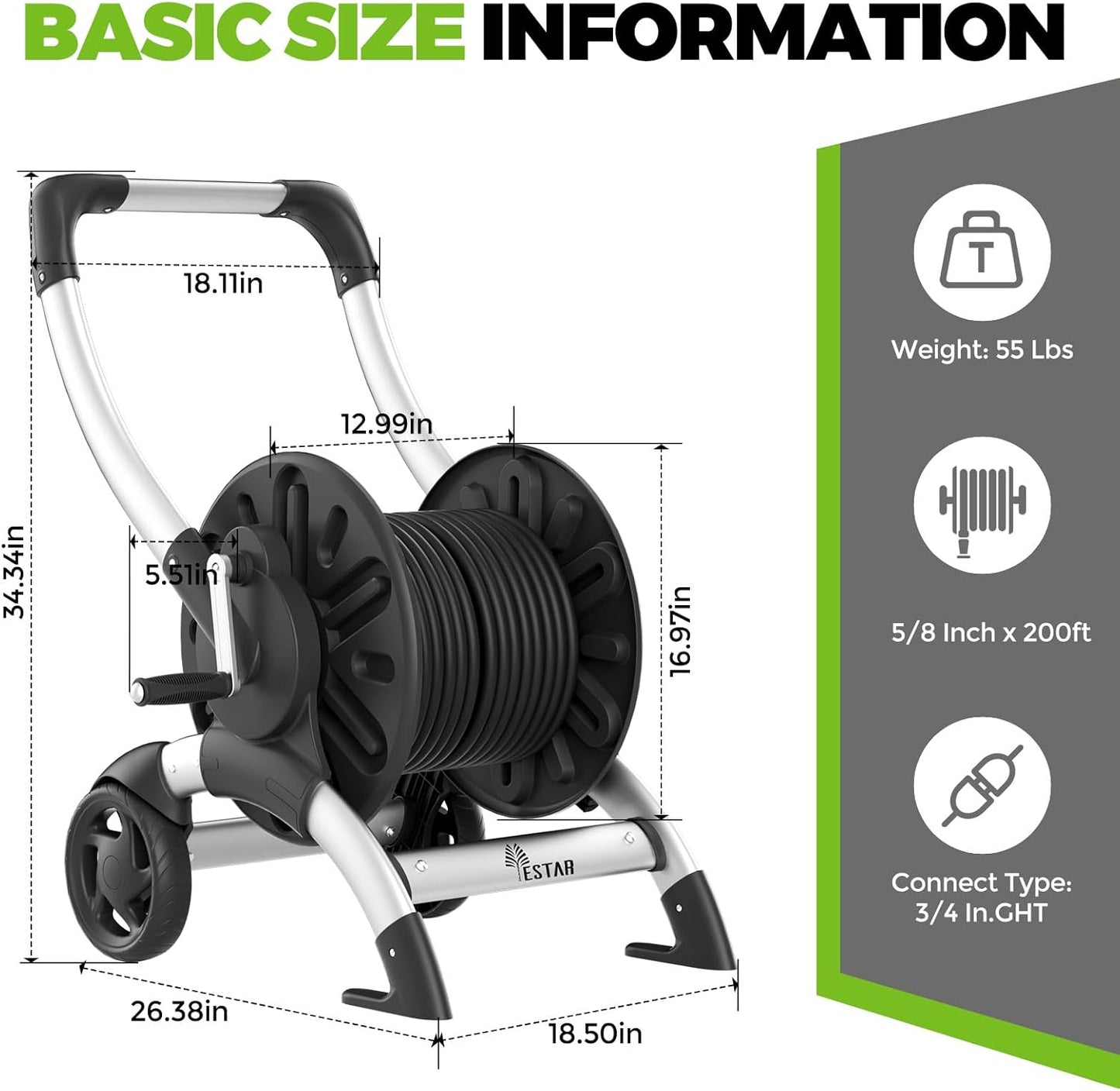 Upgrade Hose Reel Cart, Holds 200 Feet of 5/8" Hose