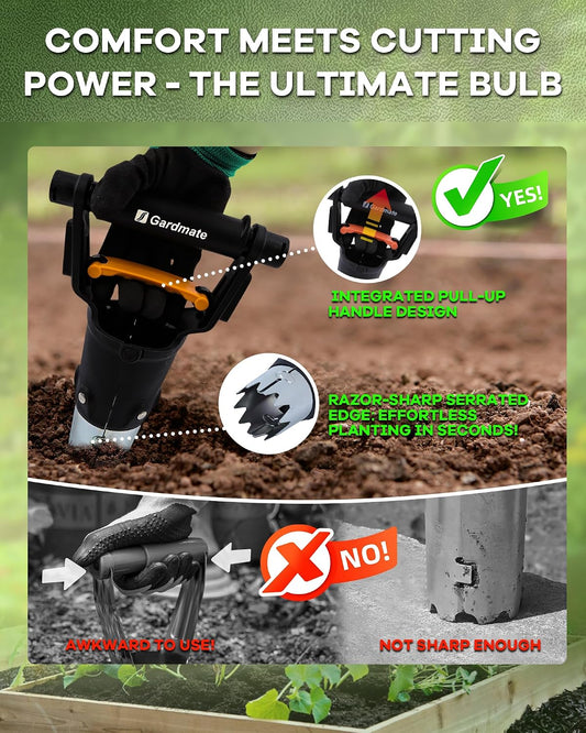 Bulb Planter Tool - One-Touch Automatic Bulb Planter for Bulbs, Seeds & Seedlings - Stainless Steel Garden Bulbs Dibber with Ergonomic Handle - No Bend Planting Tool with Gloves & Brush
