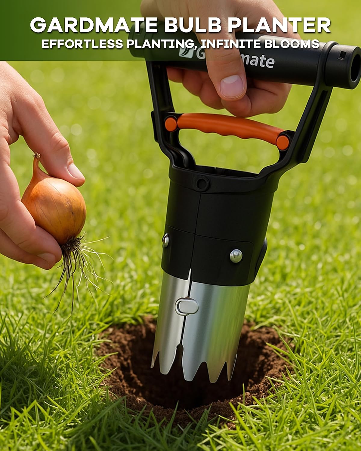 Bulb Planter Tool - One-Touch Automatic Bulb Planter for Bulbs, Seeds & Seedlings - Stainless Steel Garden Bulbs Dibber with Ergonomic Handle - No Bend Planting Tool with Gloves & Brush