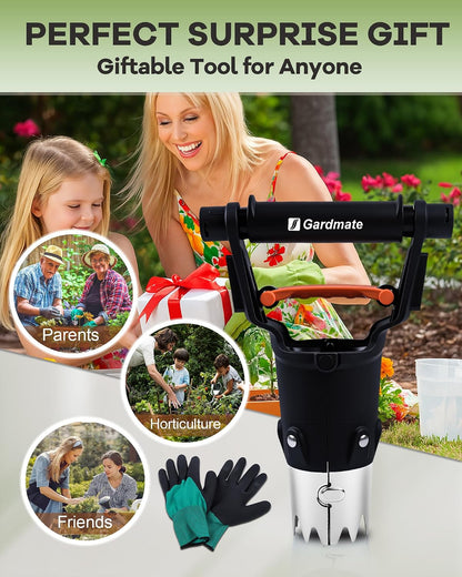 Bulb Planter Tool - One-Touch Automatic Bulb Planter for Bulbs, Seeds & Seedlings - Stainless Steel Garden Bulbs Dibber with Ergonomic Handle - No Bend Planting Tool with Gloves & Brush