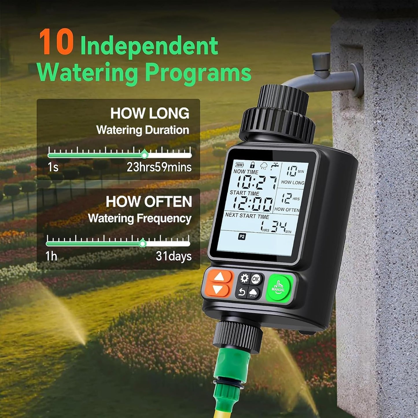 Sprinkler Timer for Garden Hose,10 Independent Watering Programs,Automatic Rain Delay,Outdoor Faucet Water Timer with Manual Mode,3.3" LCD Display,IP54 Waterproof for Lawn Yard Irrigation
