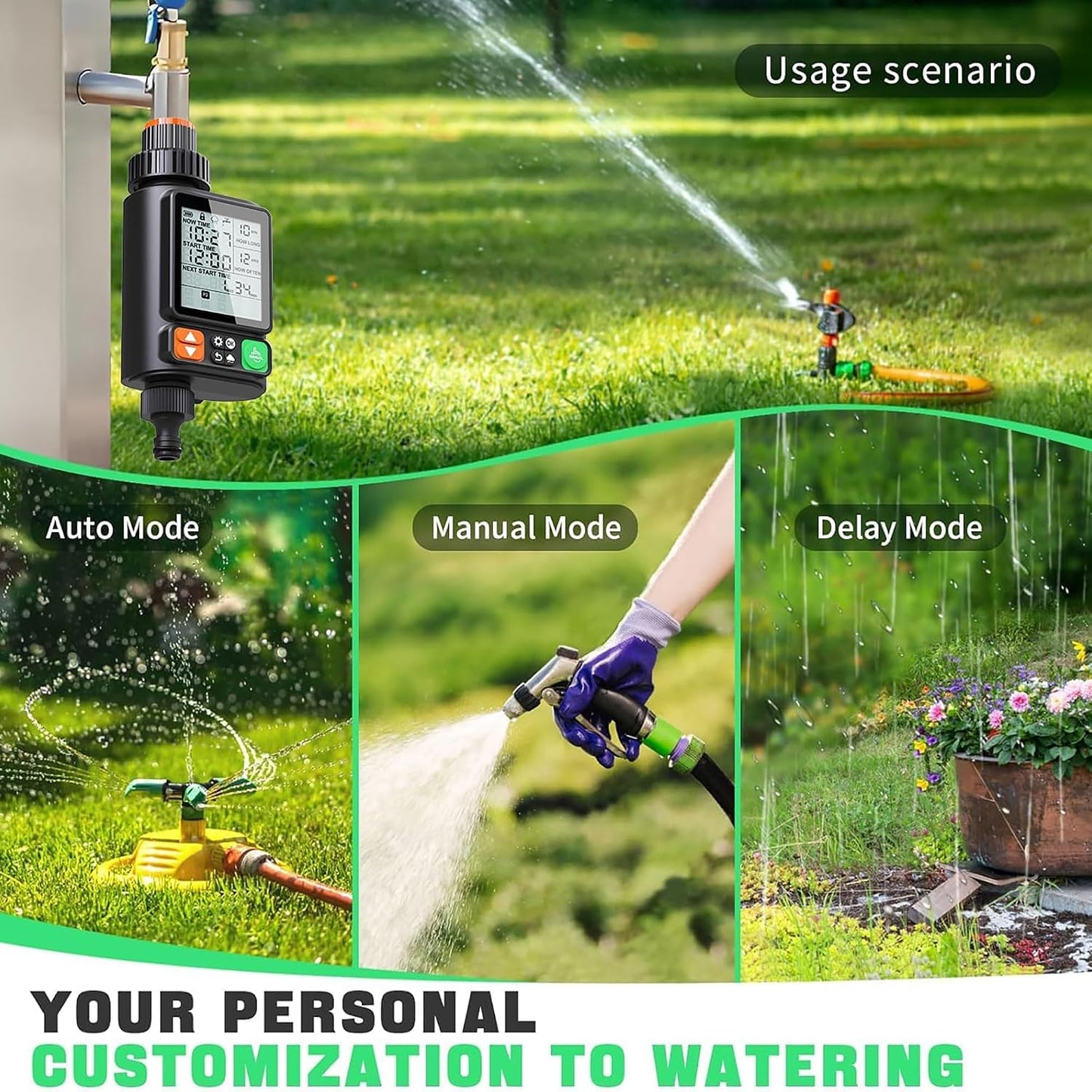 Sprinkler Timer for Garden Hose,10 Independent Watering Programs,Automatic Rain Delay,Outdoor Faucet Water Timer with Manual Mode,3.3" LCD Display,IP54 Waterproof for Lawn Yard Irrigation
