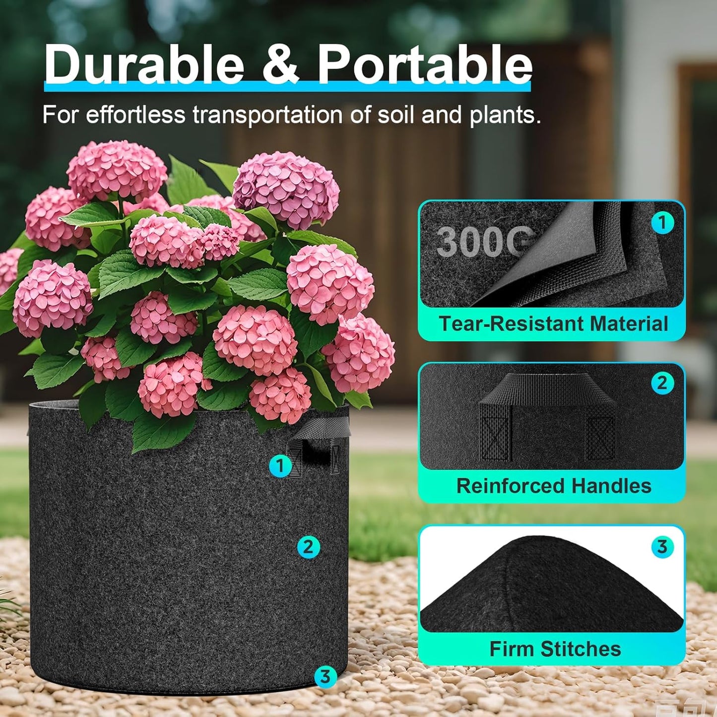 4-Pack Fabric Grow Bags 10 Gallon, Thickened Nonwoven Garden Pots, Growing Bags with Handles, Black