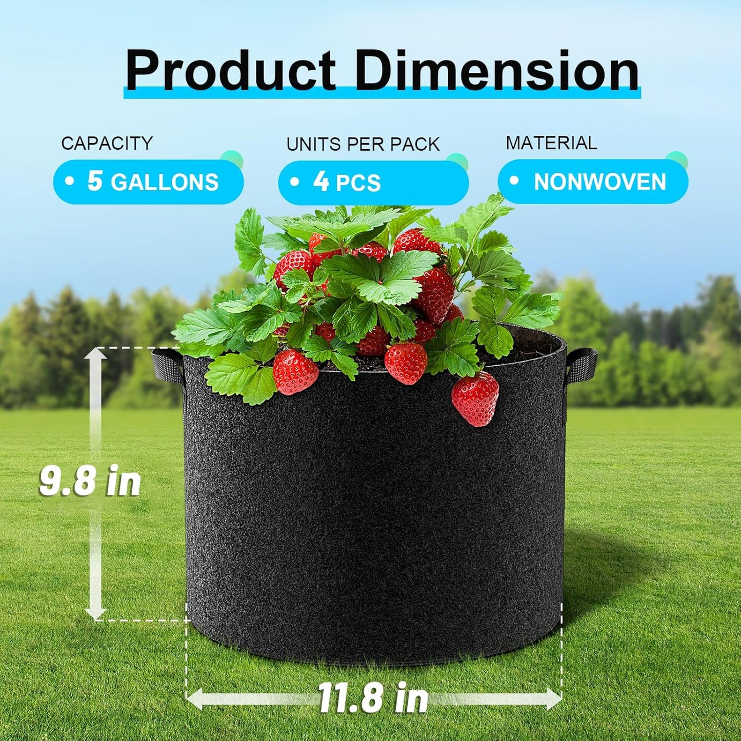 4-Pack Fabric Grow Bags 10 Gallon, Thickened Nonwoven Garden Pots, Growing Bags with Handles, Black