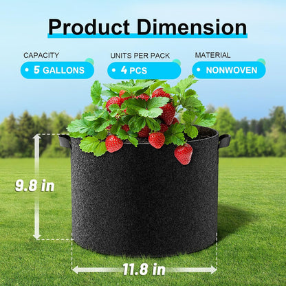 4-Pack Fabric Grow Bags 10 Gallon, Thickened Nonwoven Garden Pots, Growing Bags with Handles, Black