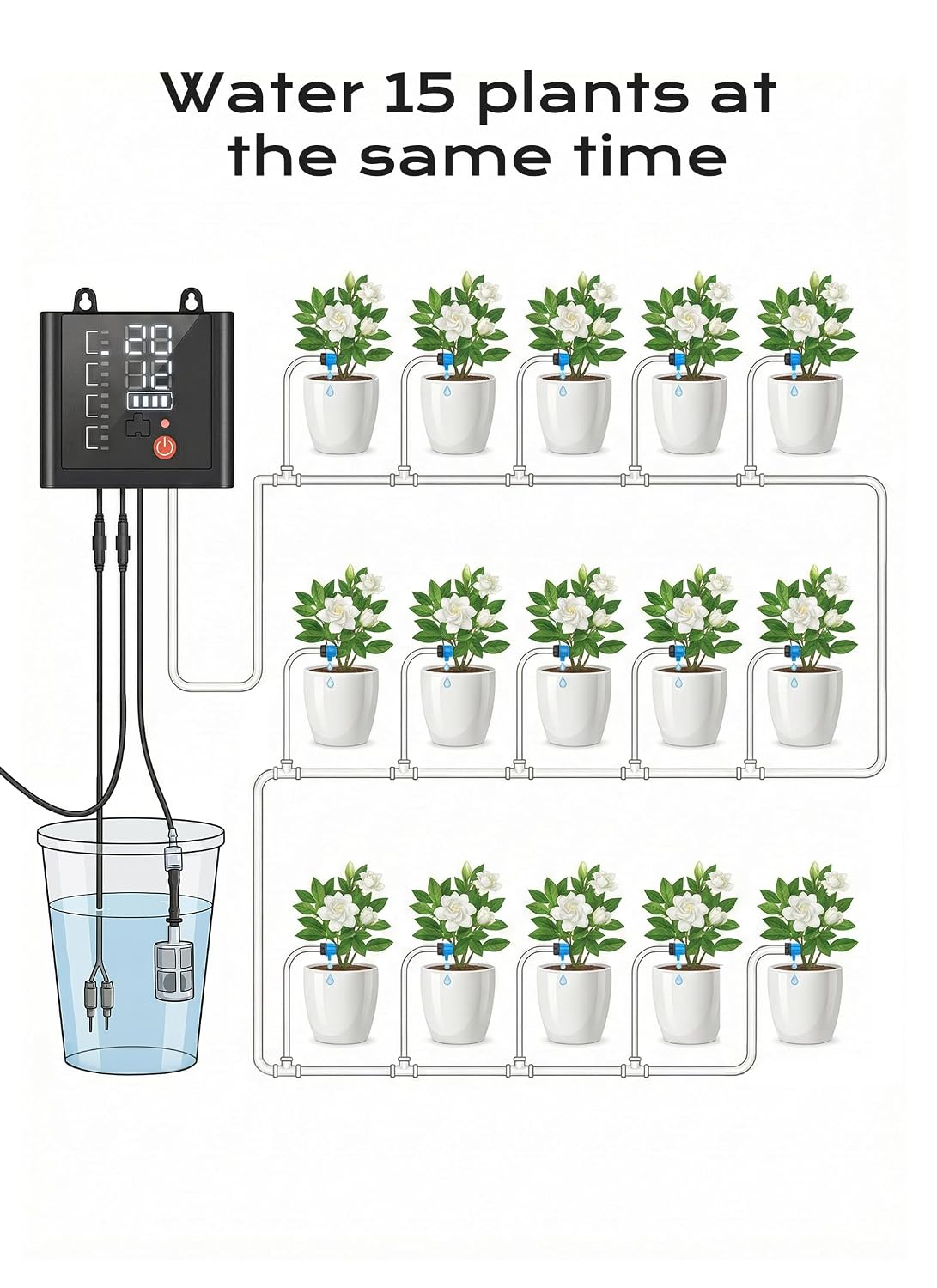 49ft Solar Drip Irrigation System with USB Charging for 15 Potted Plants