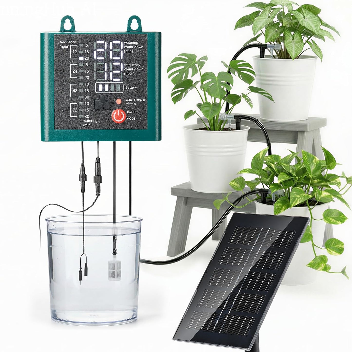 49ft Solar Drip Irrigation System with USB Charging for 15 Potted Plants
