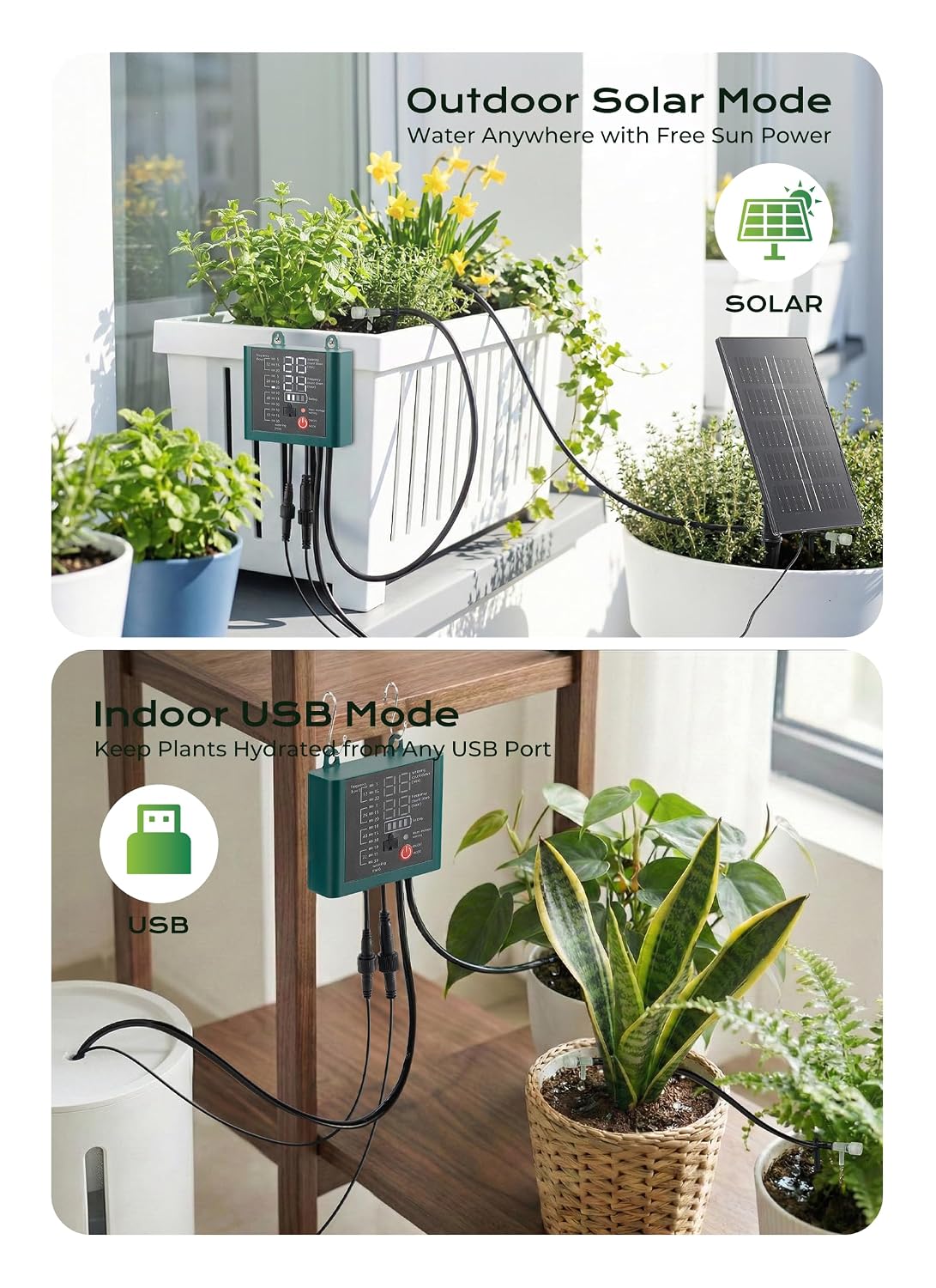 49ft Solar Drip Irrigation System with USB Charging for 15 Potted Plants